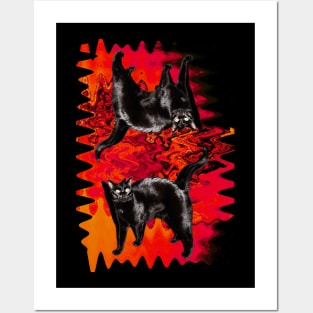 Psychedelic Black Cat Funny Red Melty colorful background surreal collage Posters and Art